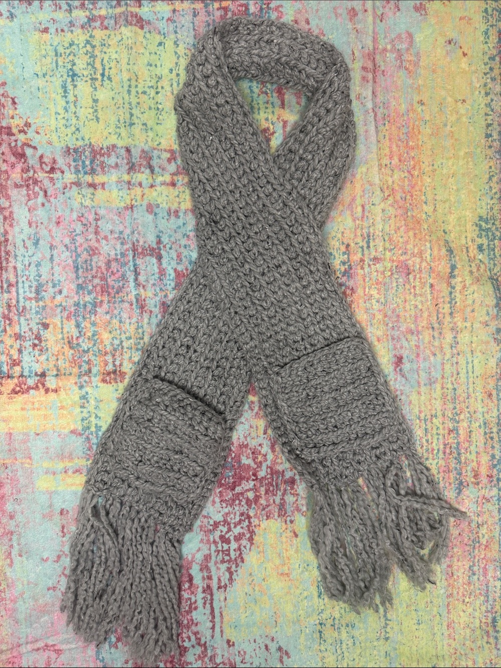 Chunky Gray Knitted Fringe Scarf - Brand Unspecified